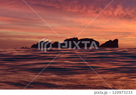 A stunning sunset is casting vibrant hues of color over a tranquil ocean 120973233