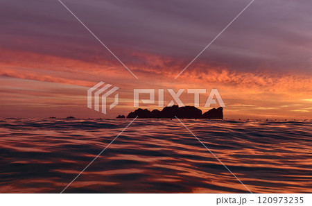 A stunning sunset is casting vibrant hues of color over a tranquil ocean 120973235