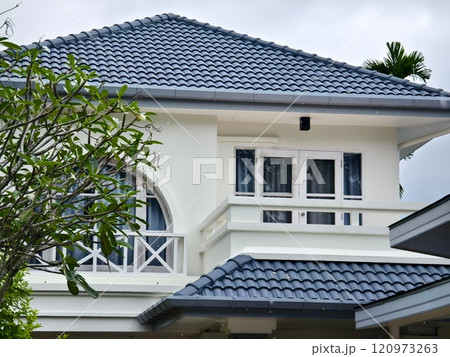 Detailed view of windows, doors and balconies of city buildings  120973263