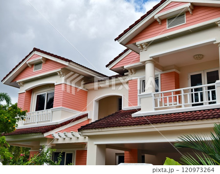 Detailed view of windows, doors and balconies of city buildings  120973264