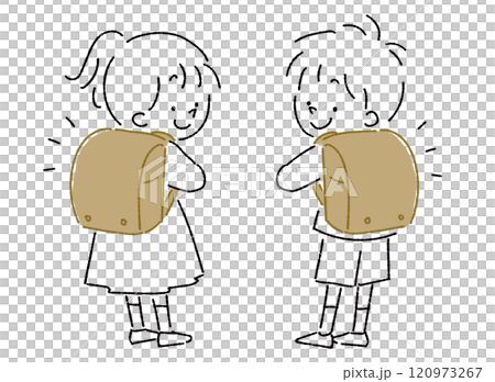 A child with a backpack on his back looking back A child with a backpack on his back looking back 120973267