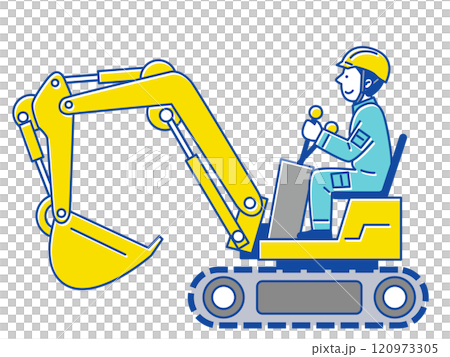 戴著頭盔駕駛挖土機的男工人 戴著頭盔駕駛挖土機的男工人 120973305