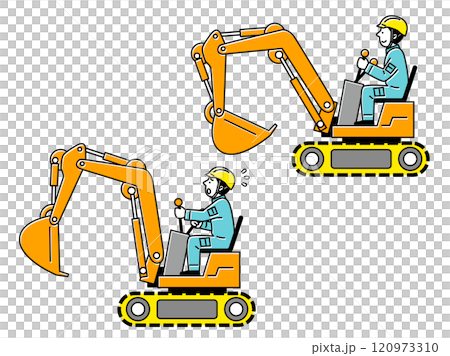 Illustration set of a male worker wearing a helmet and driving a shovel 120973310