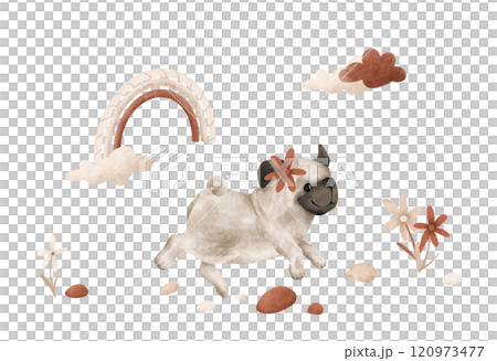Poster with beige cartoon animal pug and clouds with rainbow and flower. Template postcard for text for Baby Party. Illustration dog scandinavian style on isolated background 120973477