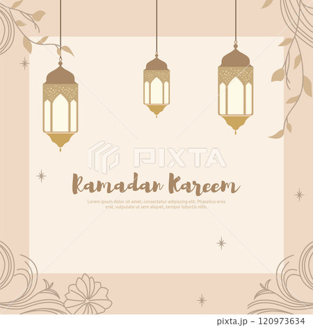 Ramadan Kareem Islamic Greeting Card Frame Background with Hanging Lamp Light Lantern Decoration Ramadan Kareem Islamic Greeting Card Frame Background with Hanging Lamp Light Lantern Decoration 120973634