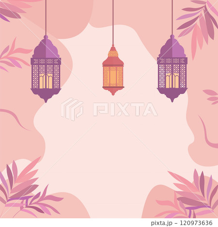 Empty Islamic Greeting Card Frame Background with Lantern and Floral Decoration Empty Islamic Greeting Card Frame Background with Lantern and Floral Decoration 120973636