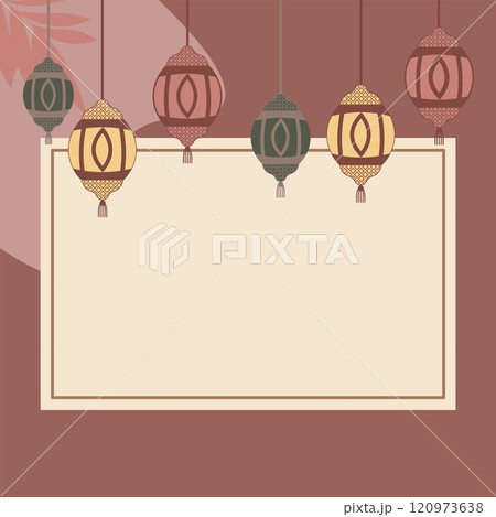 Empty Islamic Greeting Card Frame Background with Lantern Decoration 120973638