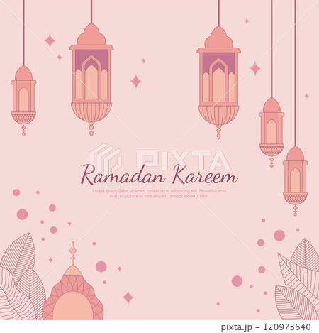 Ramadan Kareem Islamic Greeting Card Background with Hanging Lantern and Floral Decoration 120973640