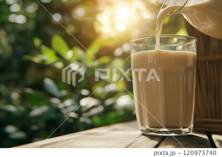 Fresh Milk Poured Into a Glass on a Rustic Wooden Table Surrounded by Nature, with Soft Sunlight Filtering Through Green Foliage Fresh Milk Poured Into a Glass on a Rustic Wooden Table Surrounded by Nature, with Soft Sunlight Filtering Through Green Foliage 120973740