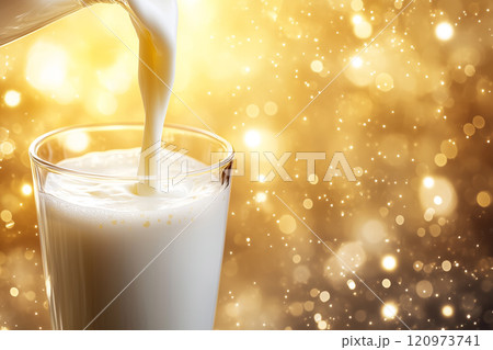 Fresh Milk Poured Into a Clear Glass on a Wooden Table Surrounded by Shimmering Golden Background for a Bright and Inviting Atmosphere 120973741