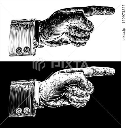 Hand Pointing Finger Etched Vintage Woodcut Style Hand Pointing Finger Etched Vintage Woodcut Style 120973825