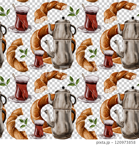 Seamless pattern with oriental delicacies. Turkish tea and bagel. Glass and two-tiered teapot. Eastern samovar. Everything for tea drinking. Without background. Watercolor illustration.  120973858