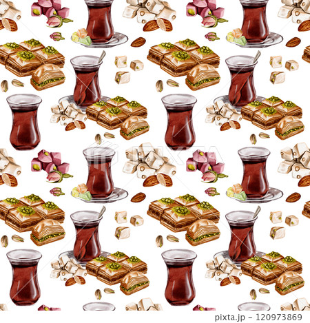 Seamless pattern with Turkish tea. Tea in a glass and baklava and lokum. Nuts and sweets. Watercolor illustration without background.  120973869