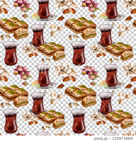 Seamless pattern with Turkish tea. Tea in a glass and baklava and lokum. Nuts and sweets. Watercolor illustration without background.  120973869