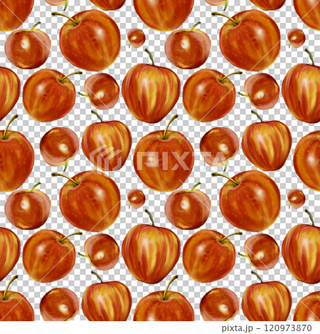 Seamless pattern with juicy red apples.Fruits of different sizes. No background. Watercolor illustration.  120973870