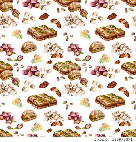Seamless pattern with Turkish sweets. Different types of lokum. Baklava with nuts and pistachios. Rosebuds and nuts. Multicolored sweets. Watercolor illustration without background.  120973871