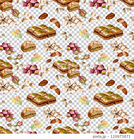 Seamless pattern with Turkish sweets. Different types of lokum. Baklava with nuts and pistachios. Rosebuds and nuts. Multicolored sweets. Watercolor illustration without background.  120973871