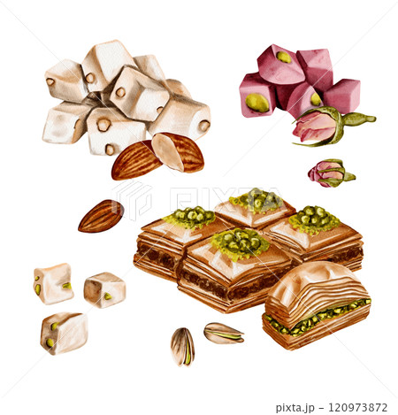 Set of Turkish sweets. Eastern baklava, nuts, nougat and lokum. A snack for coffee or tea. Watercolor illustration.  120973872