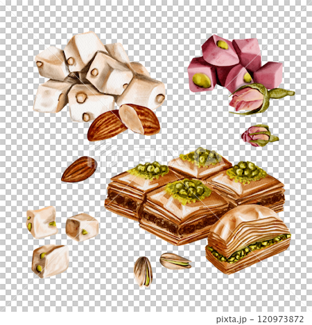 Set of Turkish sweets. Eastern baklava, nuts, nougat and lokum. A snack for coffee or tea. Watercolor illustration.  120973872