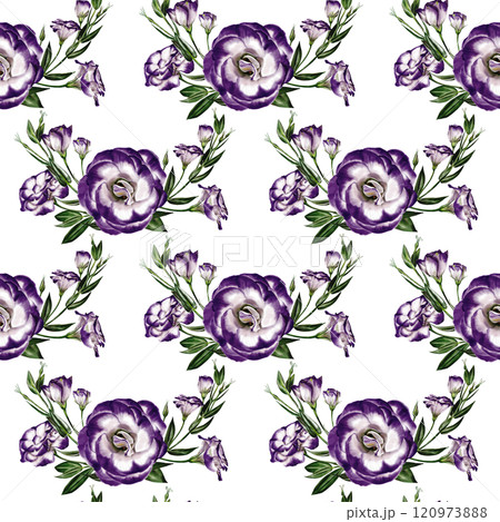 Seamless pattern with Eustoma flowers. Lisianthus flower or bellflower. Leaves and stems are green. White and purple. No background. Watercolor illustration. 120973888