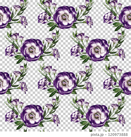 Seamless pattern with Eustoma flowers. Lisianthus flower or bellflower. Leaves and stems are green. White and purple. No background. Watercolor illustration. 120973888
