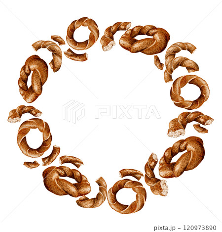 Wreath of Simito bagels. Koassic Turkish bun. Bagel with sesame seeds. Space for inscription inside. Watercolor illustration. Wreath of Simito bagels. Koassic Turkish bun. Bagel with sesame seeds. Space for inscription inside. Watercolor illustration. 120973890