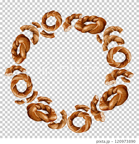 Wreath of Simito bagels. Koassic Turkish bun. Bagel with sesame seeds. Space for inscription inside. Watercolor illustration.  120973890