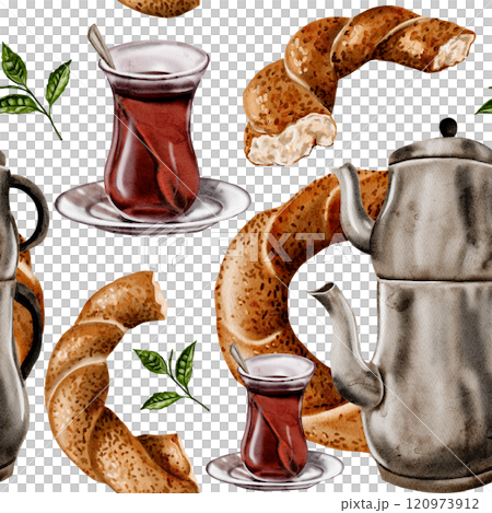 Seamless pattern with oriental delicacies. Turkish tea and bagel. Glass and two-tiered teapot. Eastern samovar. Everything for tea drinking. Without background. Watercolor illustration. Seamless pattern with oriental delicacies. Turkish tea and bagel. Glass and two-tiered teapot. Eastern samovar. Everything for tea drinking. Without background. Watercolor illustration. 120973912