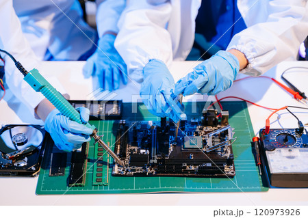 Electronics assembly and RAM installation with high-tech components. Ideal for showcasing advanced technology 120973926