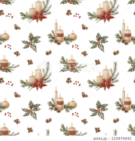 Christmas vintage vintage seamless pattern of candle compositions with flames, openwork lace ribbon with spruce branches, pinecones, sharpleaf with berries.Hand drawn watercolor illustrations on white Christmas vintage vintage seamless pattern of candle compositions with flames, openwork lace ribbon with spruce branches, pinecones, sharpleaf with berries.Hand drawn watercolor illustrations on white 120974042