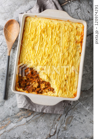 Vegetarian shepherd's pie with lentils, mushrooms and lots of vegetables close-up in a baking dish. Vertical top view Vegetarian shepherd's pie with lentils, mushrooms and lots of vegetables close-up in a baking dish. Vertical top view 120974291