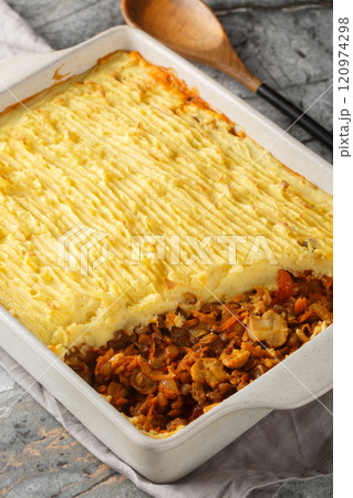 Vegan baked shepherd's pie with lentils, mushrooms and lots of vegetables close-up in a baking dish. Vertical Vegan baked shepherd's pie with lentils, mushrooms and lots of vegetables close-up in a baking dish. Vertical 120974298