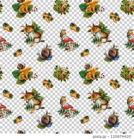 Seamless pattern. Watercolor hand drawn illustration with mushrooms, snails, rowan, tree leaves, pumpkin. White background. For printing on fabrics, t-shirts, tablecloths, scrapbooking, backgrounds Seamless pattern. Watercolor hand drawn illustration with mushrooms, snails, rowan, tree leaves, pumpkin. White background. For printing on fabrics, t-shirts, tablecloths, scrapbooking, backgrounds 120974420