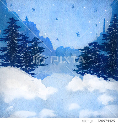 Winter night landscape with fir trees, snow, snowflakes and stars. Forest in the fog. Hand drawn watercolor illustration. For printing posters, cards, scenes 120974425