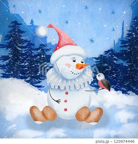 Christmas winter scene. Snowman in the winter forest. Night, snowflakes are falling. Hand drawn watercolor illustration. Printable Holiday Decoration Design Template 120974446