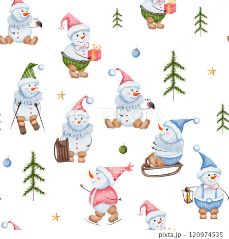 Seamless Christmas pattern with cute snowmen on sleds and skis. Characters with a gift in their hands, a Christmas tree, toys and gold stars. For printing on fabrics, cards, wrapping paper 120974535