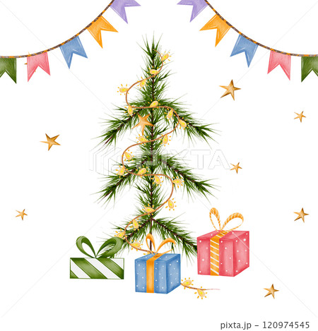 Christmas tree with gifts, garland and stars. Square holiday frame. Composition drawn in watercolor isolated on a white background. For printing on cards, wallpaper, scrapbooking, diplomas, New Year's 120974545