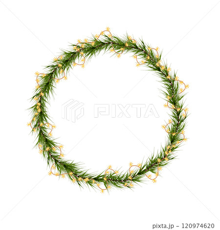 Christmas wreath, round, watercolor with a garland and yellow lights. Spruce branches, fir, pine. Hand drawn holiday symbol isolated on white background. Design for printing on cards, invitations Christmas wreath, round, watercolor with a garland and yellow lights. Spruce branches, fir, pine. Hand drawn holiday symbol isolated on white background. Design for printing on cards, invitations 120974620