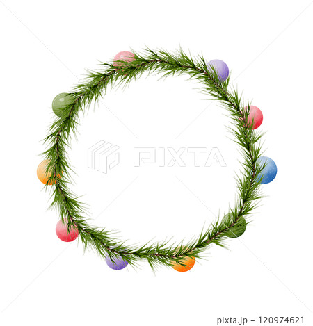 Christmas wreath, round, watercolor . Spruce branches, fir, pine needles. Hand drawn holiday symbol isolated on white background. Seasonal design for printing on cards, invitations, fabric 120974621