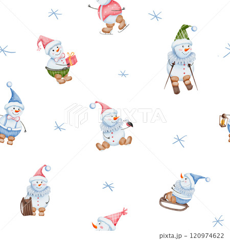 Christmas seamless pattern with cute snowmen. Hand drawn watercolor winter holiday characters. Sled, skis, ice slide, bird with snowflakes. Background for design and print 120974622