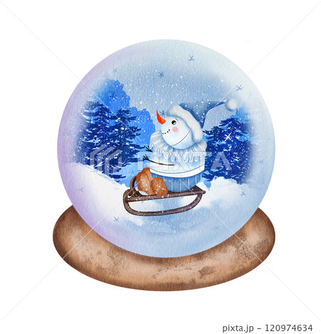 Snow globe. Watercolor traditional holiday element, hand drawn. A snowman sleds against a background with a winter forest. Isolated on a white background. Christmas decor 120974634