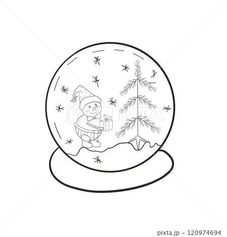 Snow globe with Christmas tree and snowman. Traditional glass Christmas souvenir with snowflakes. Hand drawn, isolated on a white background. Vector. For coloring books, cards, printing Snow globe with Christmas tree and snowman. Traditional glass Christmas souvenir with snowflakes. Hand drawn, isolated on a white background. Vector. For coloring books, cards, printing 120974694