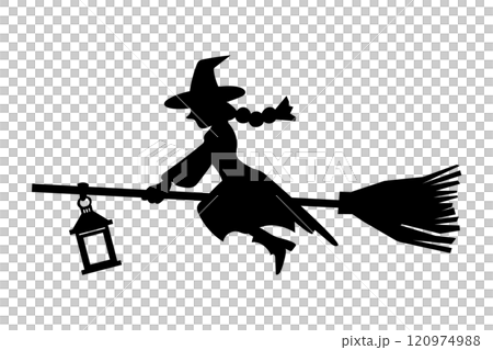ランタン付きのほうきにまたがり飛ぶ魔女のイラスト素材 ランタン付きのほうきにまたがり飛ぶ魔女のイラスト素材 120974988
