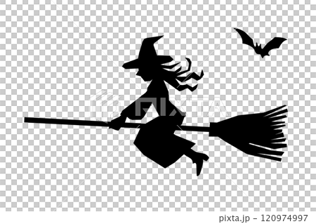 ほうきにまたがり飛ぶ魔女とコウモリののイラスト素材 120974997