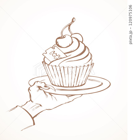 Vector drawing. The hand offers a treacherous treat Vector drawing. The hand offers a treacherous treat 120975106