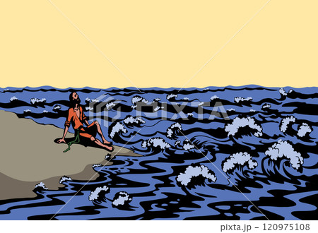Vector drawing. A man on the shore after a shipwreck 120975108