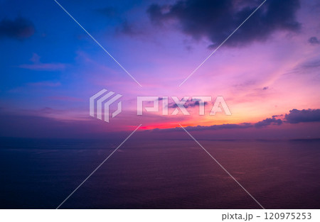 Aerial view sunset sky,Nature beautiful Light Sunset or sunrise over sea,Colorful scenery Sky with Amazing clouds and waves in sunset sky purple light cloud background 120975253