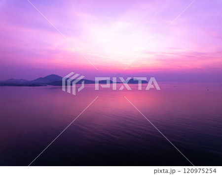 Aerial view sunset sky,Nature beautiful Light Sunset or sunrise over sea,Colorful scenery Sky with Amazing clouds and waves in sunset sky purple light cloud background 120975254