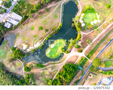 aerial view drone shot of beautiful golf field 120975302