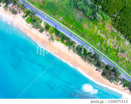 High angle view waves seascape nature view,Wide angle drone shot,Top view beach sand High angle view waves seascape nature view,Wide angle drone shot,Top view beach sand 120975313